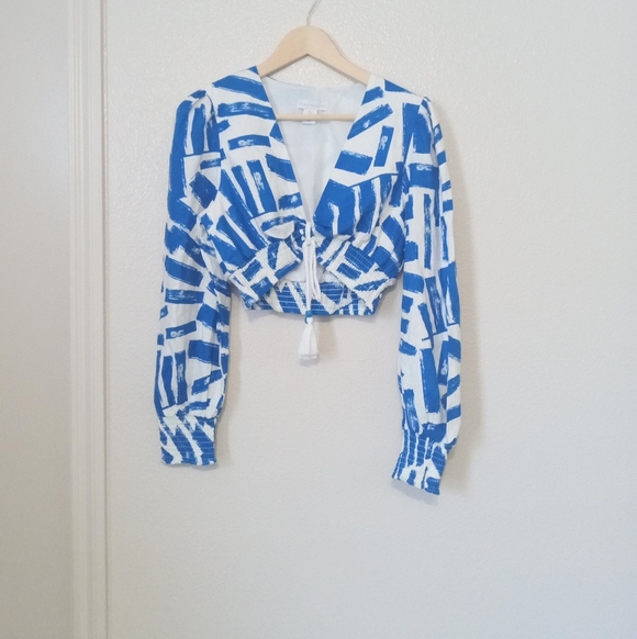 House of Harlow 1960 Tops - House Of Harlow 1960 Cropped Tassel Beaded Blue & White Top Small